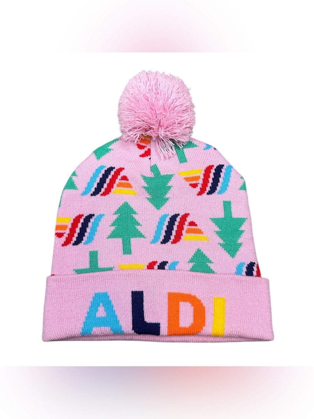 Aldi Gear Pink Pom Pom Beanie Rainbow Trees Knit Winter Hat Adult One Size